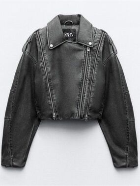 ZARA Black Cropped Leather Biker Jacket